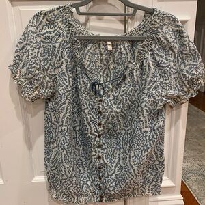 Joie boho abstract blue buttons front puff sleeve top